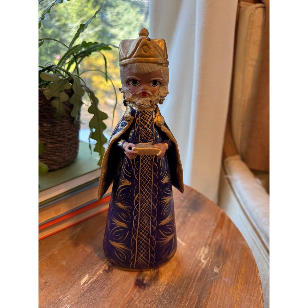 Vintage Terracotta Wise Man Nativity Figurine Cobalt Blue Gold Folk Art